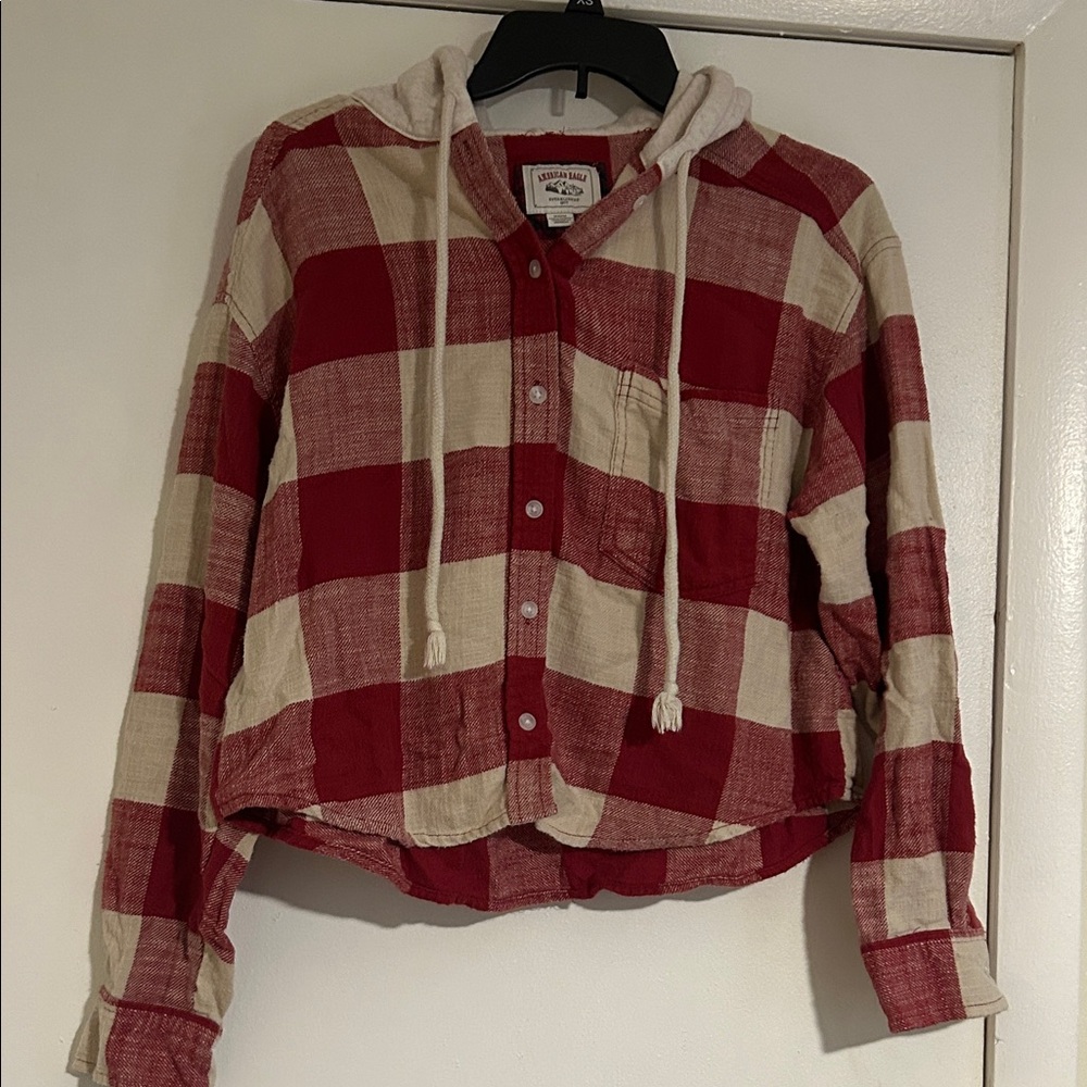 American Eagle Outfitters Red and Cream Plaid Hoodie